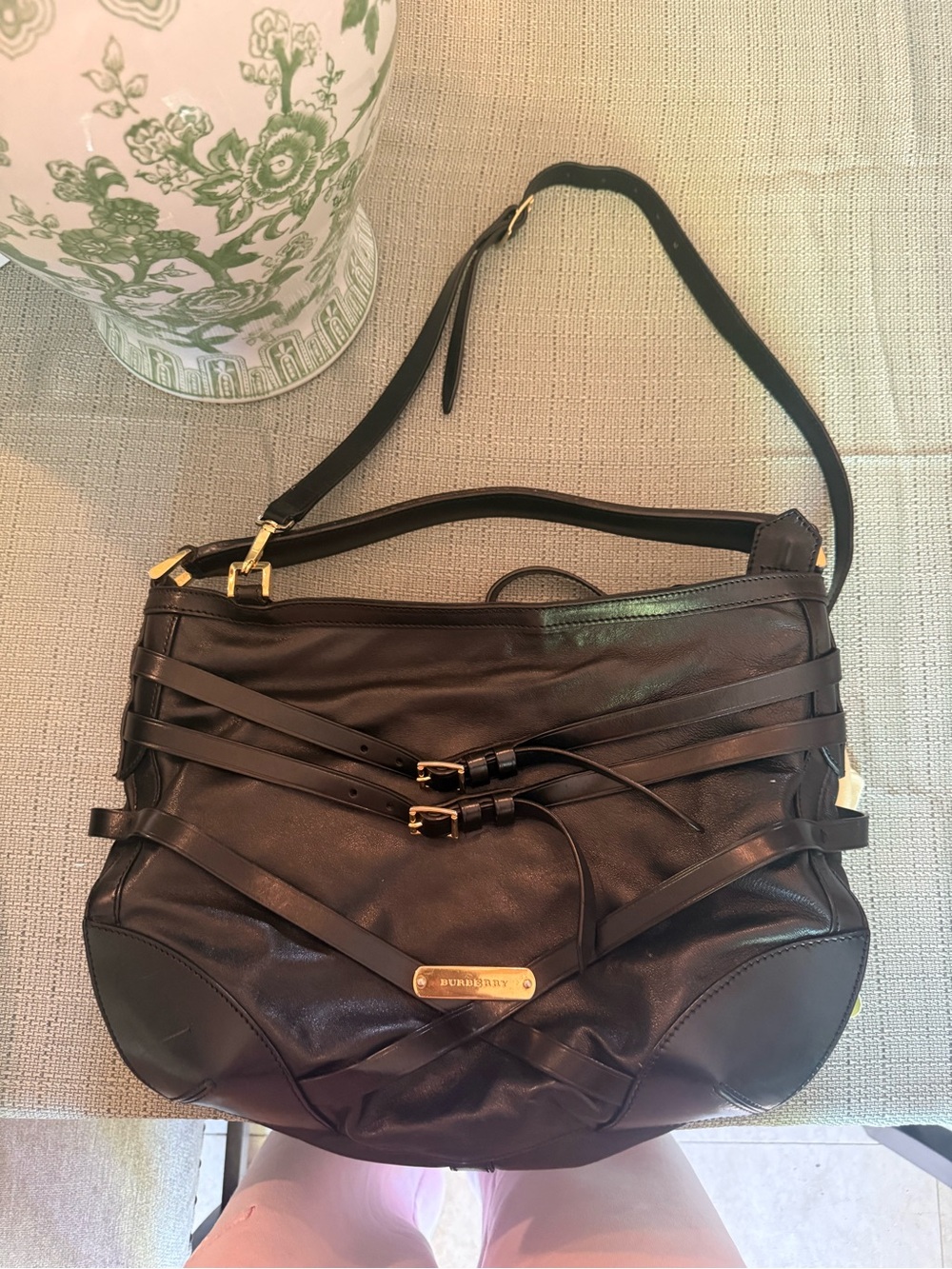 Burberry Black Leather Shoulder Bag with Buckle Straps